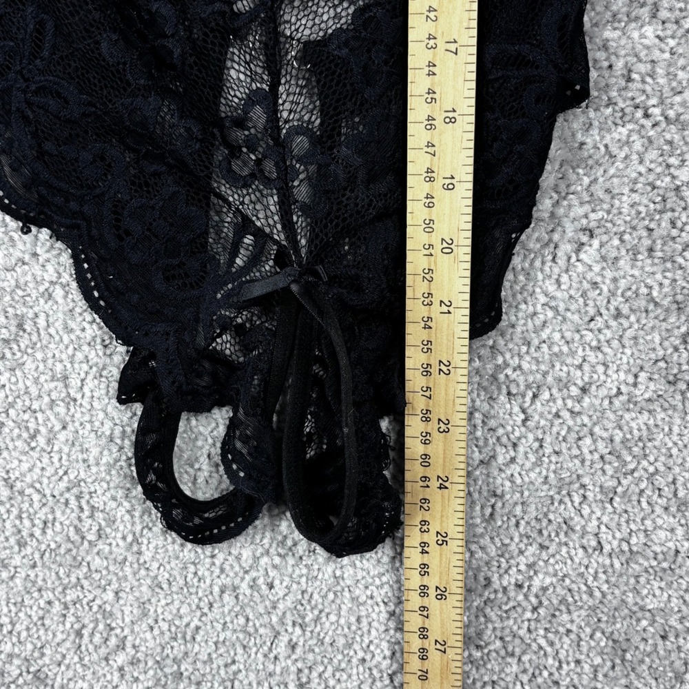 Black Floral Lace Teddy Bodysuit Rhinestone Heart Bow Detail Medium Womens - Picture 8 of 9